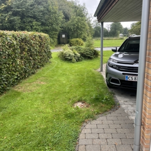 Udeareal efter belægningsarbejde med pæn overgang mellem fliser og græs